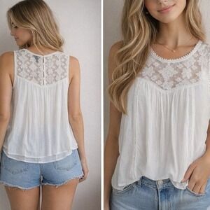 Style & Co White Lace Yoke Sleeveless Blouse Boho Crinkle Top Large